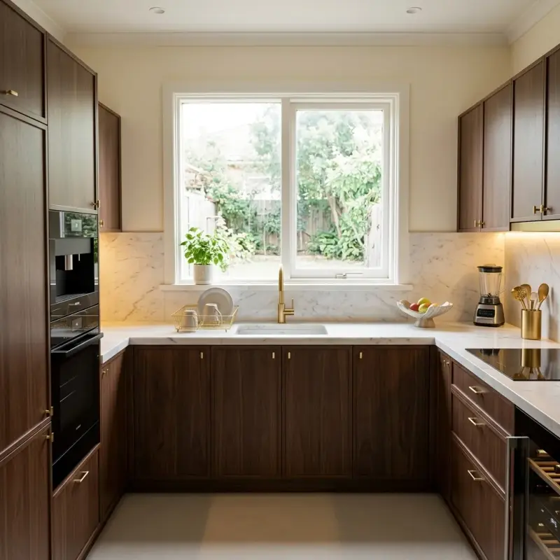 After MJ Carpenter modular kitchen renovation with premium wood and gold hardware